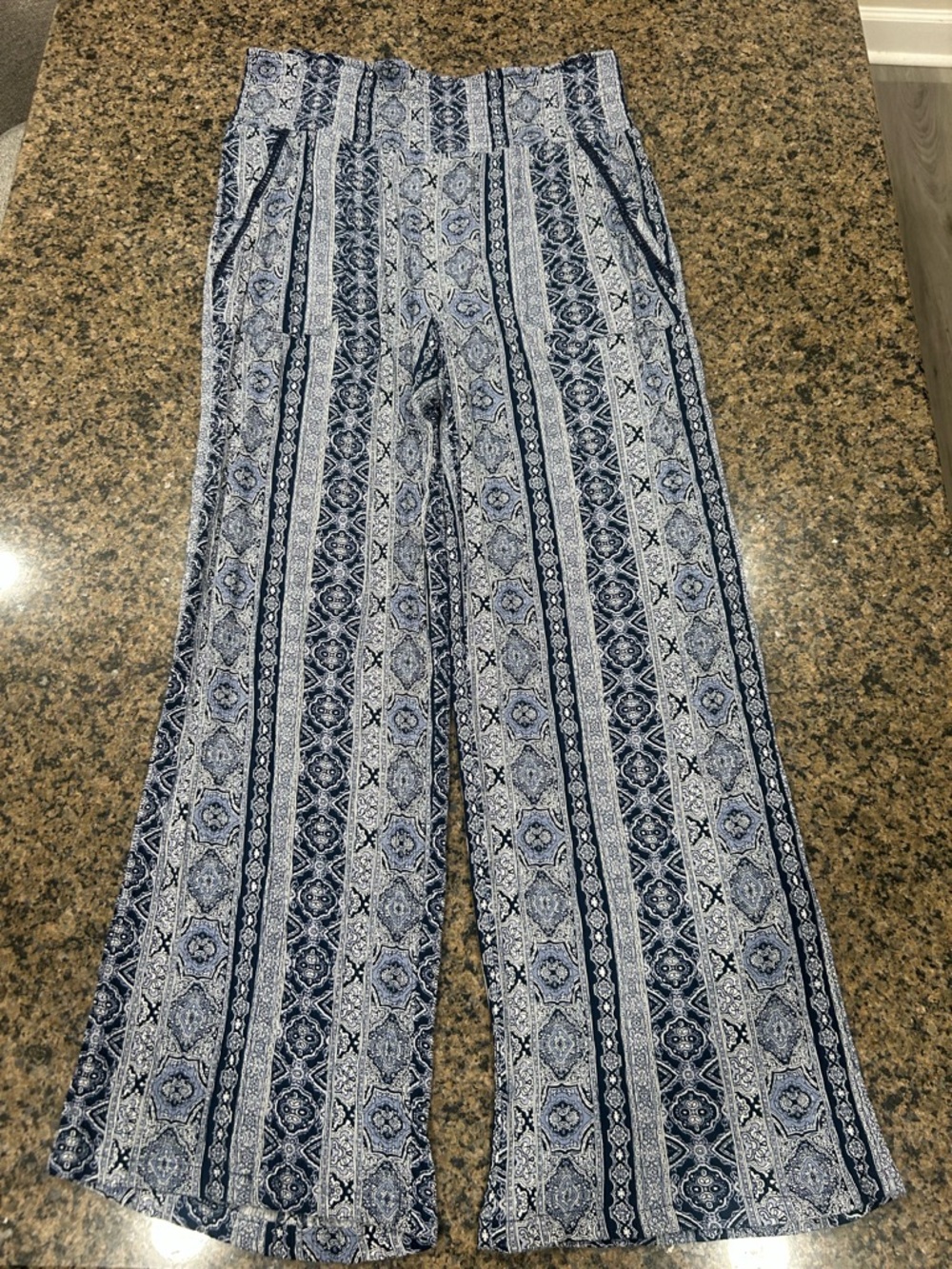 Three Dots Blue & White Print Wide-Leg Pants